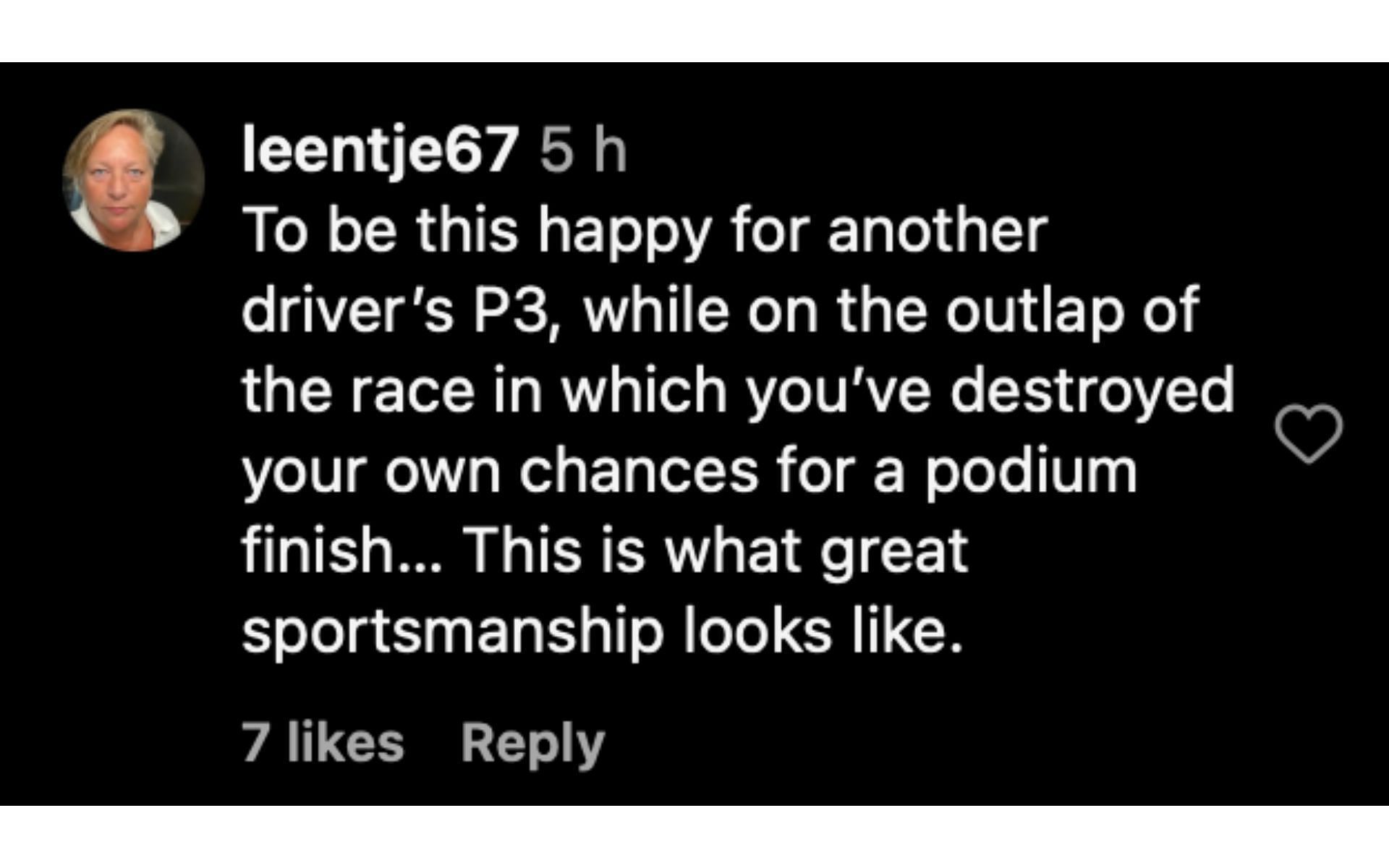 A fan's comment on Verstappen congratulating Hulkenberg for his podium at the British GP | Source: Instagram/@fastforwardnet